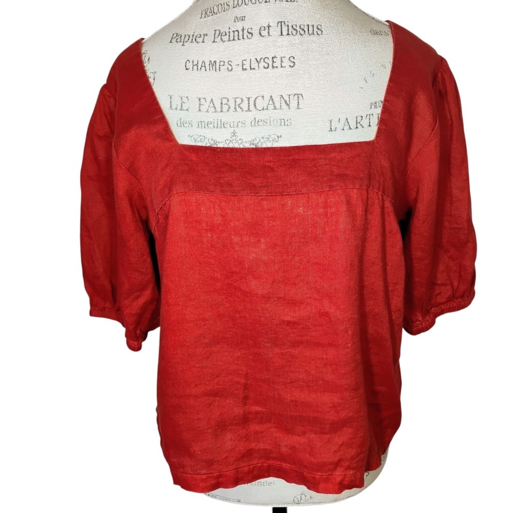 Garnet Hill Linen Top Womens 12‎ Rust Orange Puff Sleeve Peasant European Flax